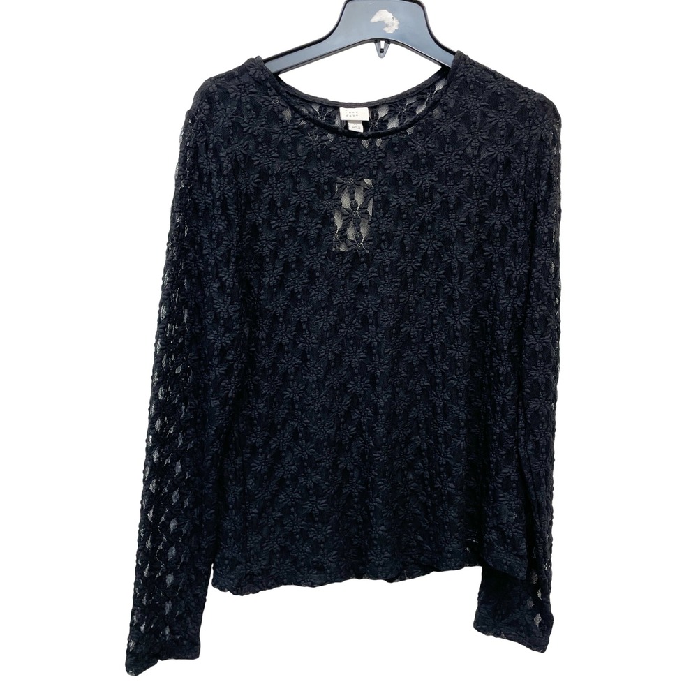 A New Day Women's Black Floral Lace Crewneck Long Sleeve Shirt Top Size XL